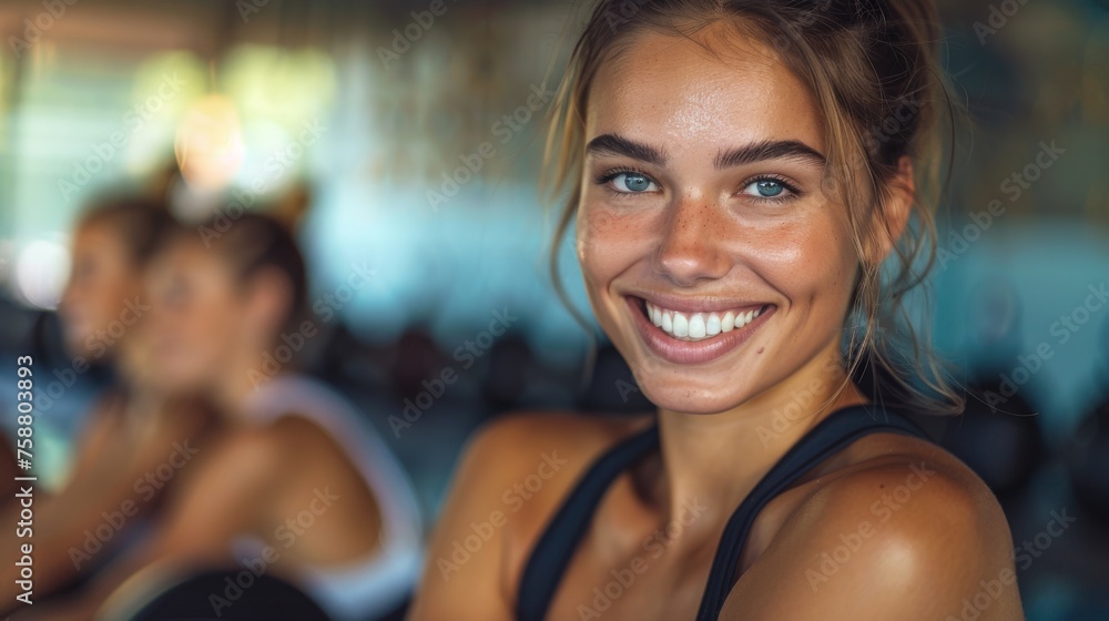 Close-up of smiling individuals enjoying a Pilates class together