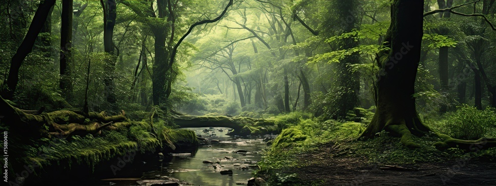 Naklejka premium lush green forest with nature of tranquil beauty