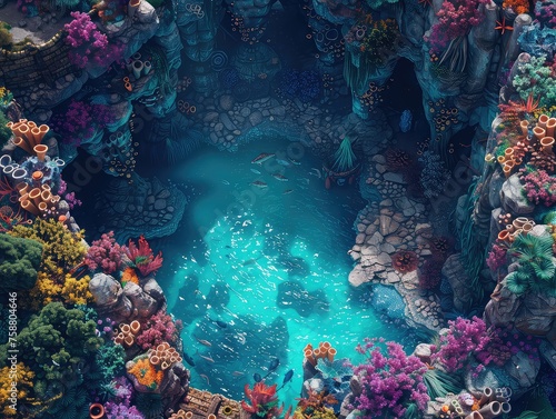Aerial view of a Mermaid Lagoon: Imagine diving into a lagoon inhabited by mermaids, with colorful coral reefs, underwater caves, and schools of tropical fish
