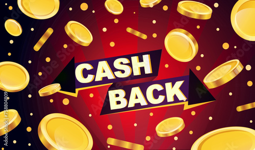 Golden color coins in various positions. Concept of saving earnings and money, live within means, cash back for purchase. Dark red background. Vector illustration