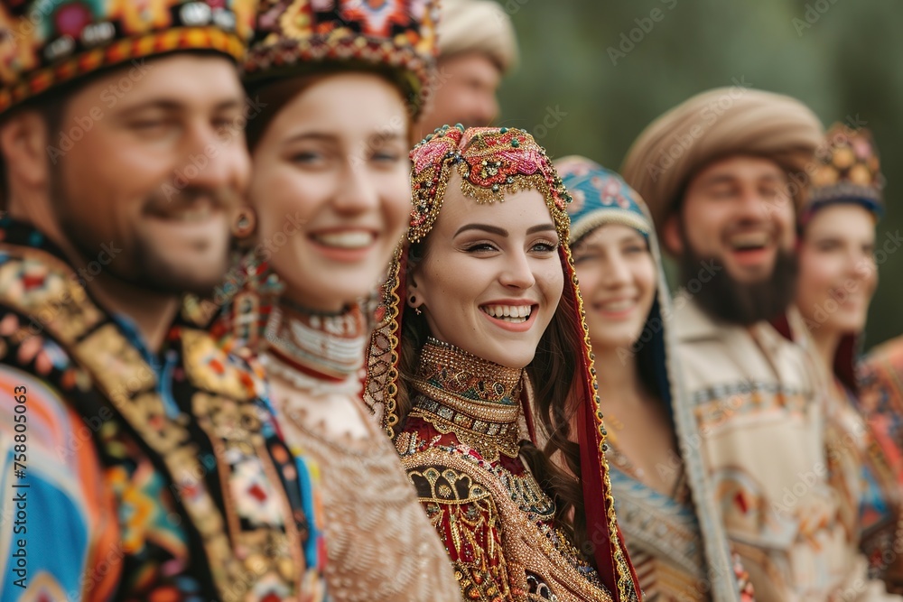 smiling woman and man dressed in traditional clothing in celebration