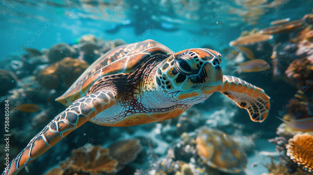 Obraz premium sea turtle near the reefs