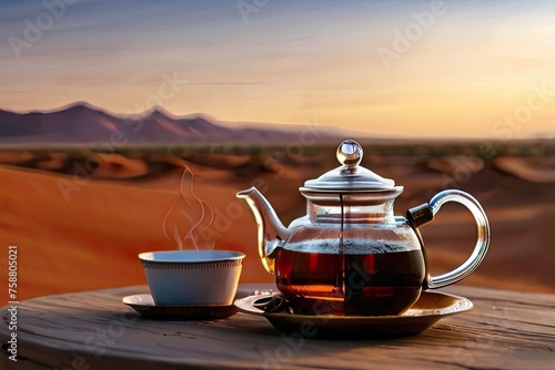 A teapot and a cup of tea beside a desert campfire, with a captivating backdrop