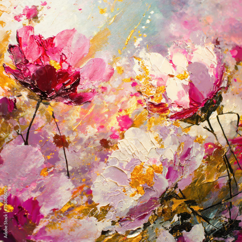 An acrylic-painted floral meadow  depicted with abstract brushstrokes  offers a unique artistic style. The scene bursts with vibrant colors and dynamic strokes  capturing the essence of a lively meado