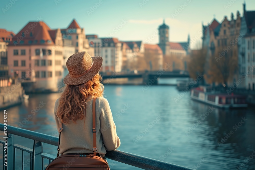 beautiful woman on vacation walking on a bridge