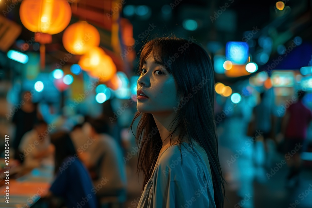 beautiful asian girl in an indeterminate place illuminated with many lights beautiful asian girl in an indeterminate place illuminated with many lights