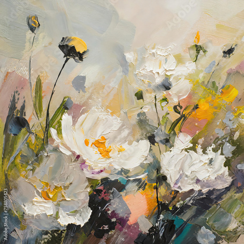 An acrylic-painted floral meadow, depicted with abstract brushstrokes, offers a unique artistic style. The scene bursts with vibrant colors and dynamic strokes, capturing the essence of a lively meado