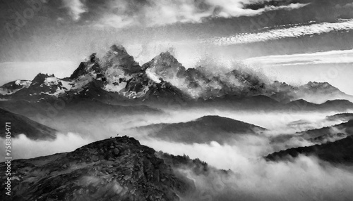 A striking black and white depiction of mountains adorns textured paper  meticulously crafted with the use of ink and black paint. The scene captures the rugged beauty of nature  with sharp contrasts