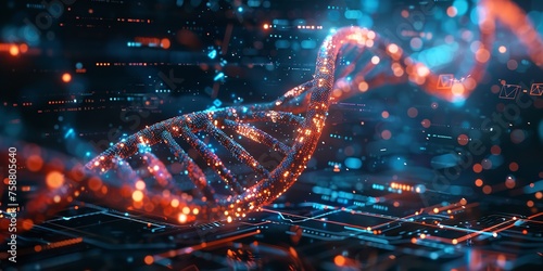 A 3D model of DNA in a dark backdrop with vibrant colors and similar objects in backdrop with space, Generative AI.