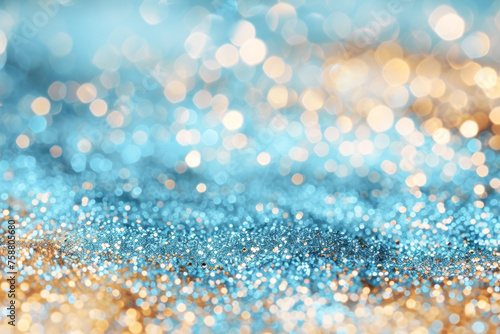 An abstract background of blue turquoise and gold glitter creating a dreamy bokeh effect.