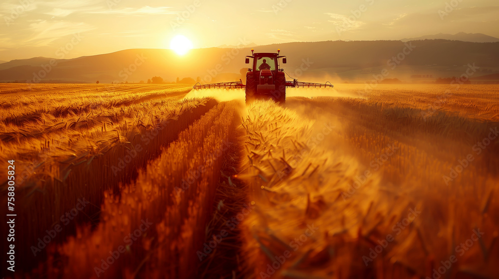 Fototapeta premium The wheat harvester is working on the field. Agricultural combine harvester machine harvests a field of golden ripe wheat. Agriculture, natural products.