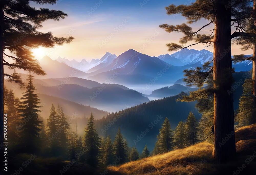 Realistic mountains landscape. Morning wood panorama pine trees and mountains silhouettes. Vector forest background stock illustration