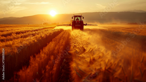 The wheat harvester is working on the field. Agricultural combine harvester machine harvests a field of golden ripe wheat. Agriculture  natural products.