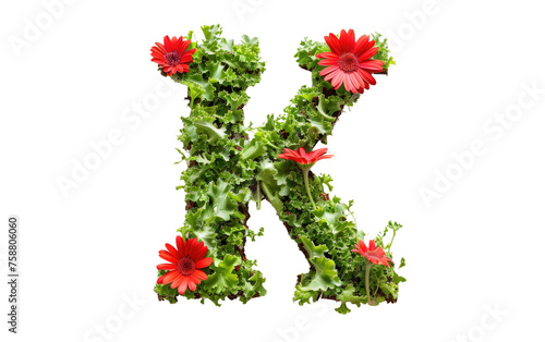 Verdant Crimson Blossoms: Letter K in Focus isolated on transparent Background