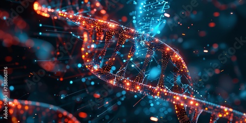 A 3D model of DNA in a dark backdrop with vibrant colors and similar objects in backdrop with space, Generative AI. photo