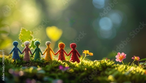mother earth day, save the planet. A group of small colorful wooden figurines holding hands, standing on moss and grass with a green background, colorful flowers in the foreground