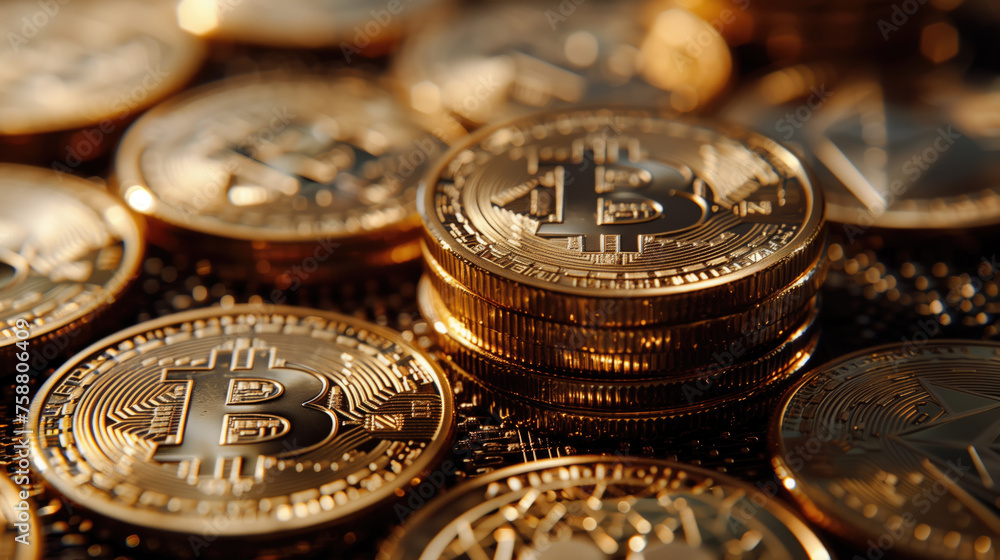 Bitcoin. Cryptocurrency Golden Bitcoin, BTC, bit coin. Macro shot of Bitcoin coins isolated on a dark background. Concept of earning bitcoins, digital currency. Bitcoin. Cryptocurrency Golden Bitcoin, BTC, bit coin. Macro shot of Bitcoin coins isolated on a dark background. Concept of earning bitcoins, digital currency.