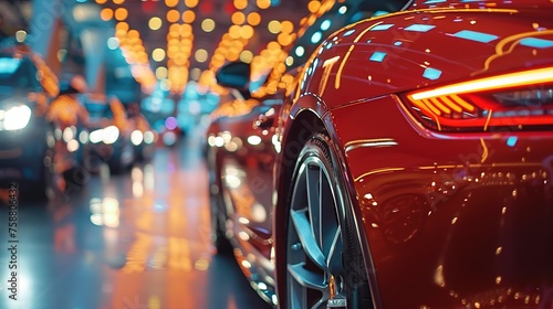 Gleaming Red Luxury Car Displayed in a Brightly Lit, Elegant Showroom