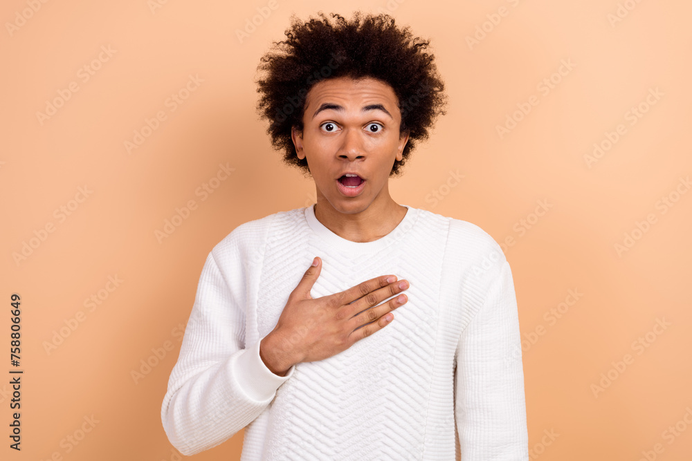 Photo of shocked impressed man cant believe win lottery jackpot omg open mouth isolated on beige color background - obrazy, fototapety, plakaty 