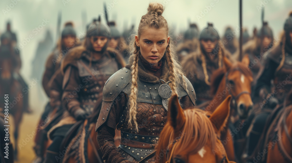 A young brave Viking heroine on horse with her elite army.