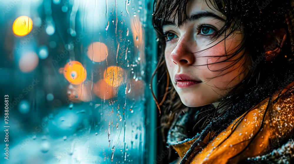 Young girl watching the rain through a window. Melancholy. Young girl watching the rain through a window. Melancholy.