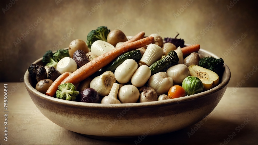 mix of cooked vegetables in bowl , variety of grilled vegetables in bowl on abstract background, Zucchini, bell peppers, hot peppers, tomatoes and green parsley mix of cooked vegetables in bowl , variety of grilled vegetables in bowl on abstract background, Zucchini, bell peppers, hot peppers, tomatoes and green parsley