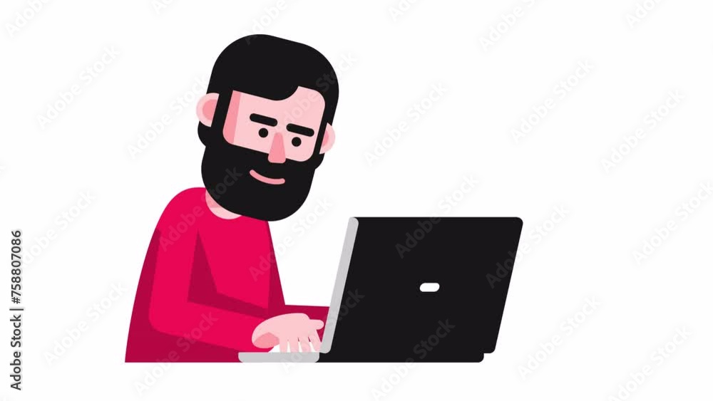 A man with a beard is focused on his laptop, likely working or programming. The setting appears to be a remote or freelance workspace. Looped animation with alpha channel A man with a beard is focused on his laptop, likely working or programming. The setting appears to be a remote or freelance workspace. Looped animation with alpha channel
