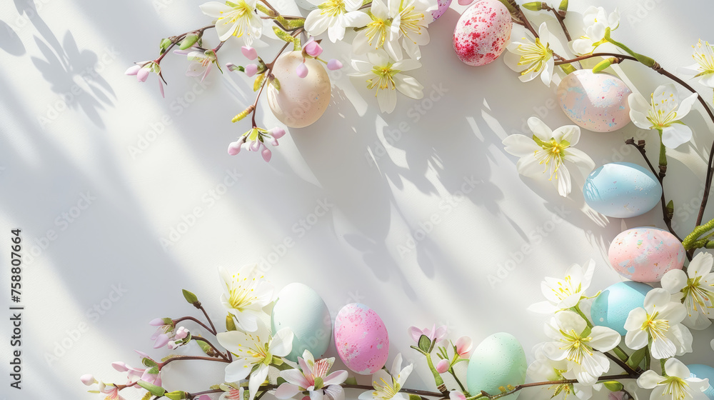 Obraz premium Decorative Easter wreath with bright eggs and spring flowers. Handmade Easter wreath. Top view. Generative AI