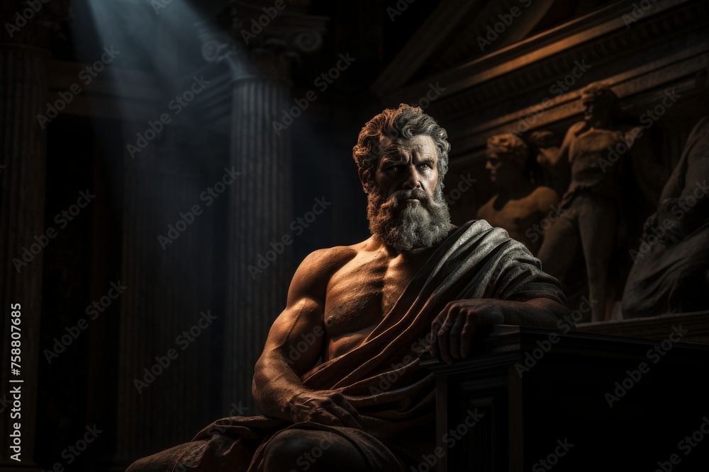 Mysterious ancient greek, roman male stoic statue, sculpture in dramatic lighting, shadows highlighting the impressive muscular build and classical beauty. 