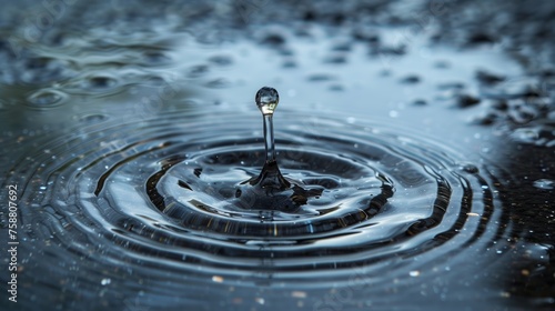 Drop of water falling into a puddle, creating a ripple effect, symbolizing the power of individual actions to create positive change, Ripple effect of water conservation concept photo