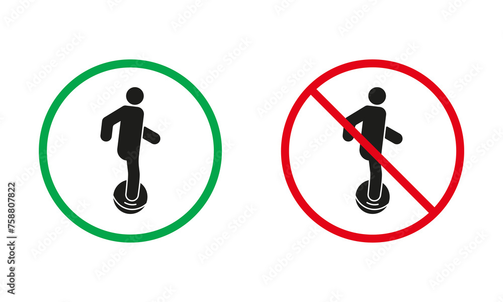 Hoverboard, Gyroscooter, Monowheel Warning Sign Set. Electric Unicycle Allowed and Prohibit Silhouette Icons. Gyro Scooter Red and Green Circle Symbol. Isolated Vector Illustration Hoverboard, Gyroscooter, Monowheel Warning Sign Set. Electric Unicycle Allowed and Prohibit Silhouette Icons. Gyro Scooter Red and Green Circle Symbol. Isolated Vector Illustration