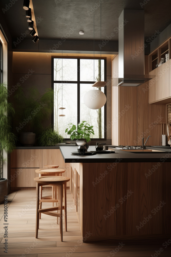 Kitchen interior in modern house in Japandi style.