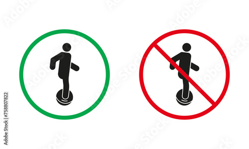 Hoverboard, Gyroscooter, Monowheel Warning Sign Set. Electric Unicycle Allowed and Prohibit Silhouette Icons. Gyro Scooter Red and Green Circle Symbol. Isolated Vector Illustration