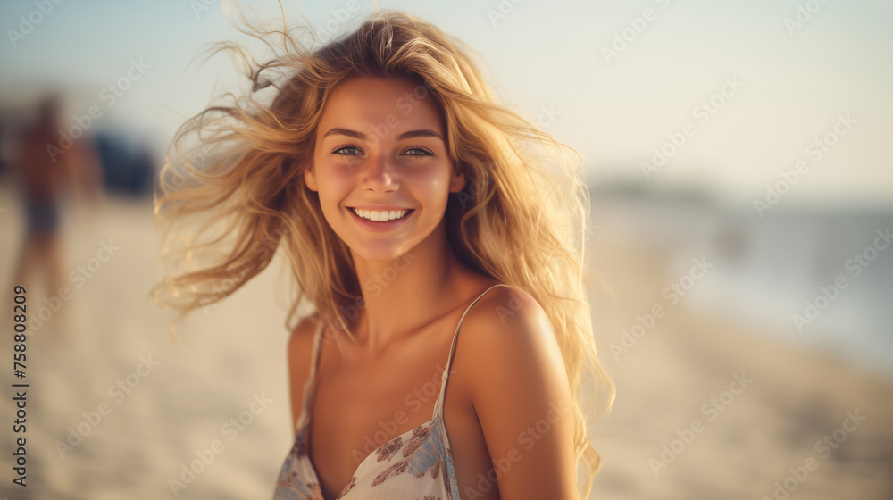 blonde woman with long hair on the beach smiling into the camera blonde woman with long hair on the beach smiling into the camera