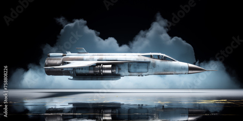 Gaming concept. Gaming header interface with a fighter jet plane hovering, dark background with clouds photo