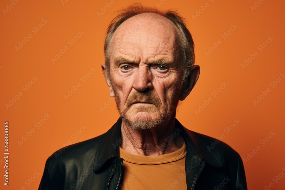 Portrait of an elderly man on a orange background. Studio shot. Portrait of an elderly man on a orange background. Studio shot.