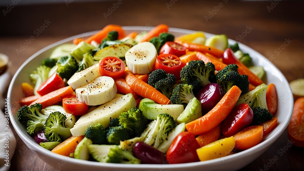 mix of cooked vegetables in bowl , variety of grilled vegetables in bowl on abstract background, Zucchini, bell peppers, hot peppers, tomatoes and green parsley