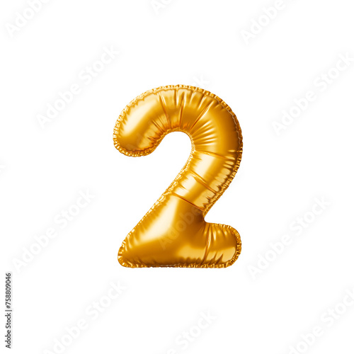 Golden balloon Number 2. 3d render illustration