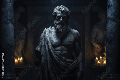 Mysterious ancient greek  roman male stoic statue  sculpture in dramatic lighting  shadows highlighting the impressive muscular build and classical beauty. 