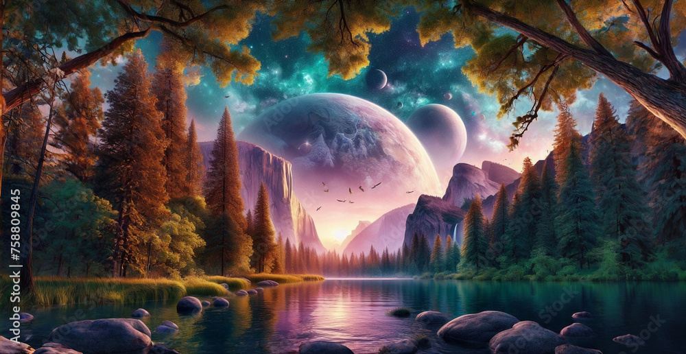 Enchanted Cosmic Forest - A Mystical Landscape with Planets and Moons Fantasy Landscape, Celestial Beauty, Starry Forest, Nature Wallpaper, Cosmic Serenity, landscape with moon and stars Enchanted Cosmic Forest - A Mystical Landscape with Planets and Moons Fantasy Landscape, Celestial Beauty, Starry Forest, Nature Wallpaper, Cosmic Serenity, landscape with moon and stars