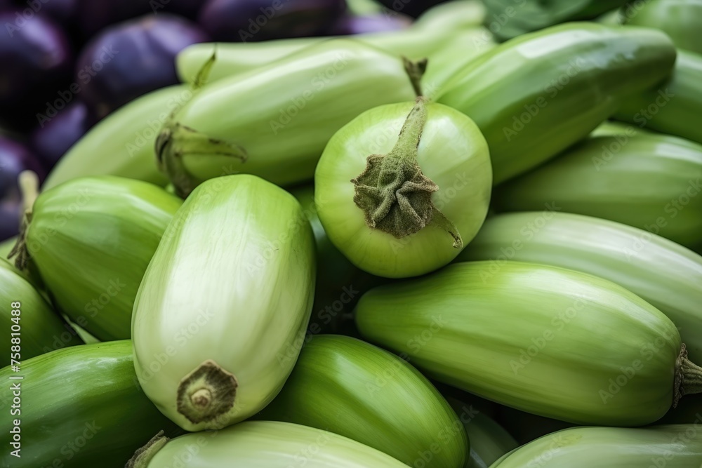 A close-up of fresh green chayote squash with a background of deep purple eggplants. Fresh Green Chayote and Eggplants A close-up of fresh green chayote squash with a background of deep purple eggplants. Fresh Green Chayote and Eggplants