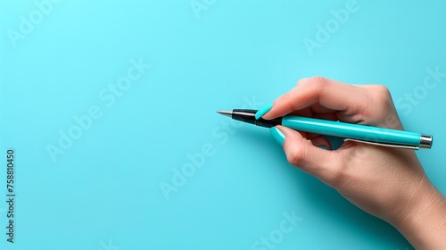 A hand holding a pen with top view against a clean blue backdrop with a big space for text or product, Generative AI.