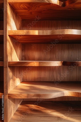 Close-up of empty cinnamon wooden shelves with warm sunlight