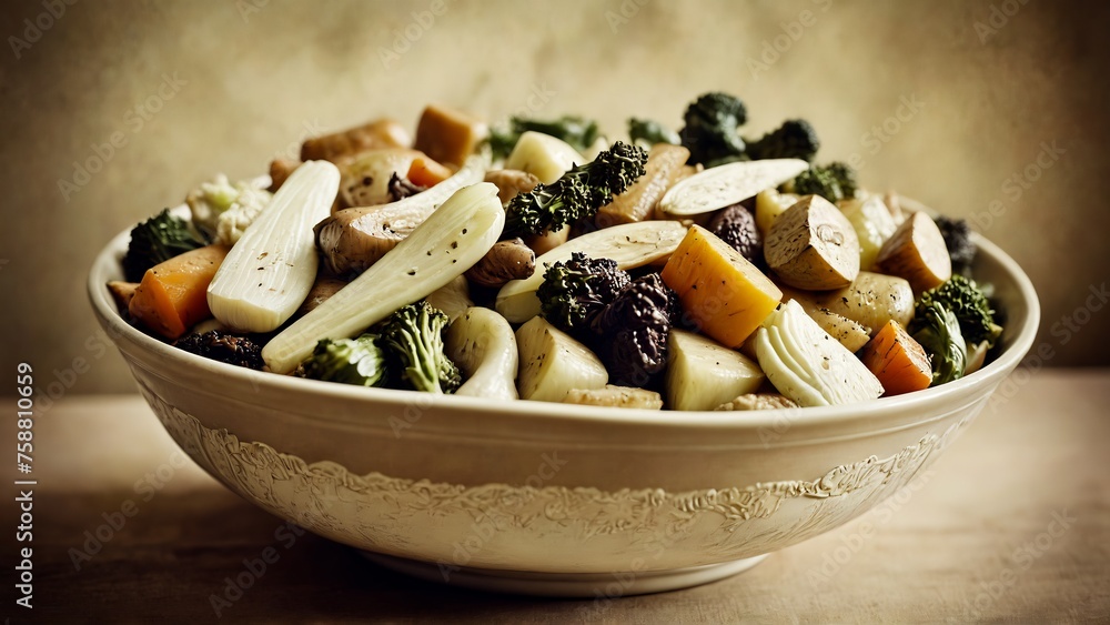 mix of cooked vegetables in bowl , variety of grilled vegetables in bowl on abstract background, Zucchini, bell peppers, hot peppers, tomatoes and green parsley
