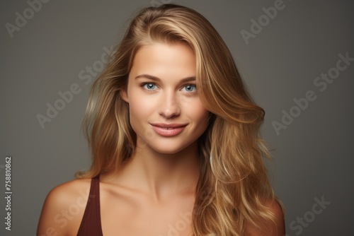 Portrait of beautiful young woman with long blond hair. Studio shot.