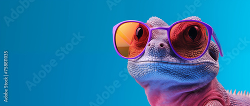a lizard with sunglasses in blue space, in the style of vibrant color-blocking, 32k uhd, post-internet aesthetics, pink and amber, heatwave, vibrant colours
