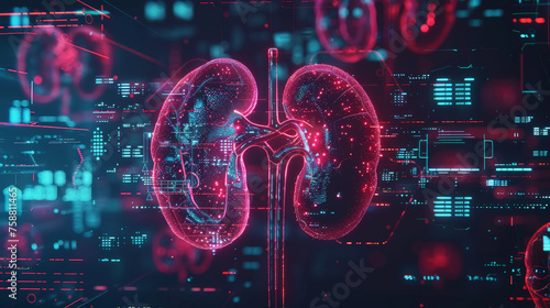 Dark 3d futuristic model of human kidneys, nephrology healthcare concept. Scientific researches and data. Generative AI #758811465