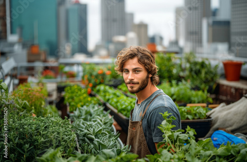 Middle-aged man cultivating in his urban garden with skyscrapers in the background © Alfonso Soler