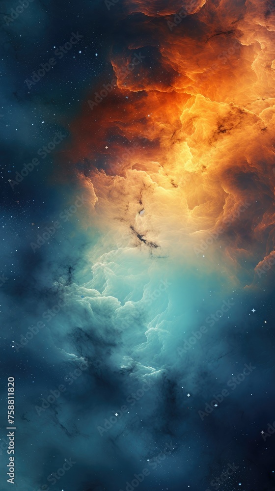 Fototapeta premium Fire in the Sky. Nebula Space, Blue and Orange light Glowing Smoke, Dramatic Sky, Colorful fantasy Background.