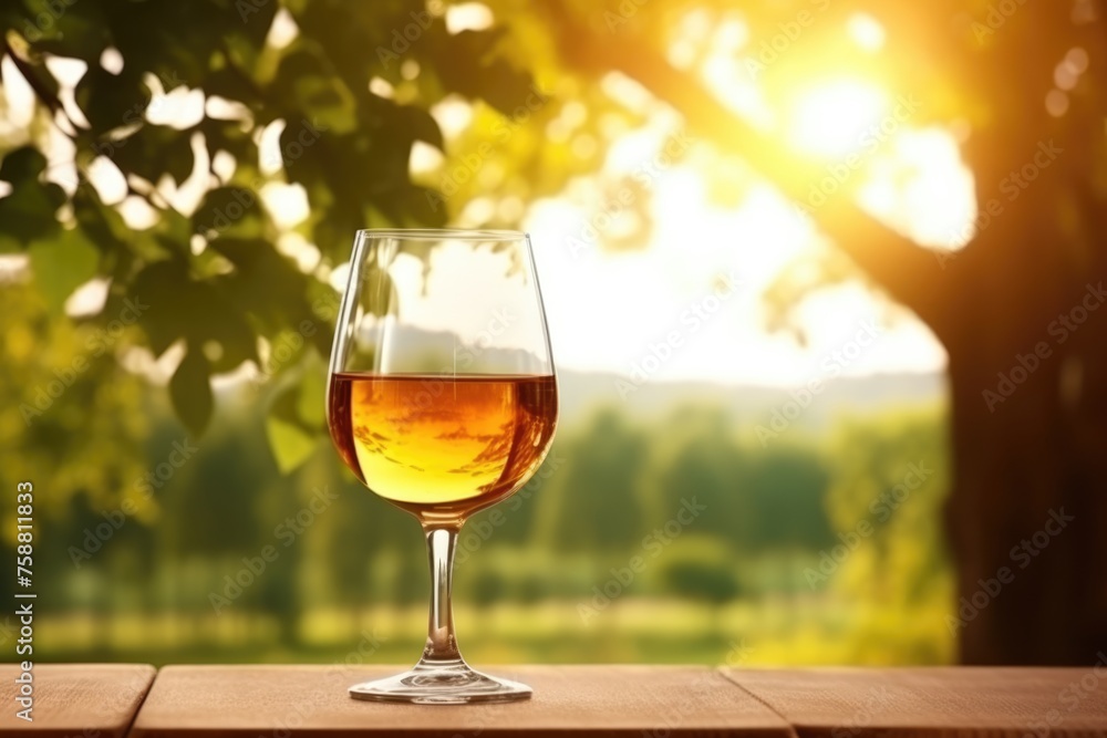 A serene setting of a sun-drenched vineyard with a glass of golden wine placed on a rustic wooden table, evoking a sense of peace and leisure.